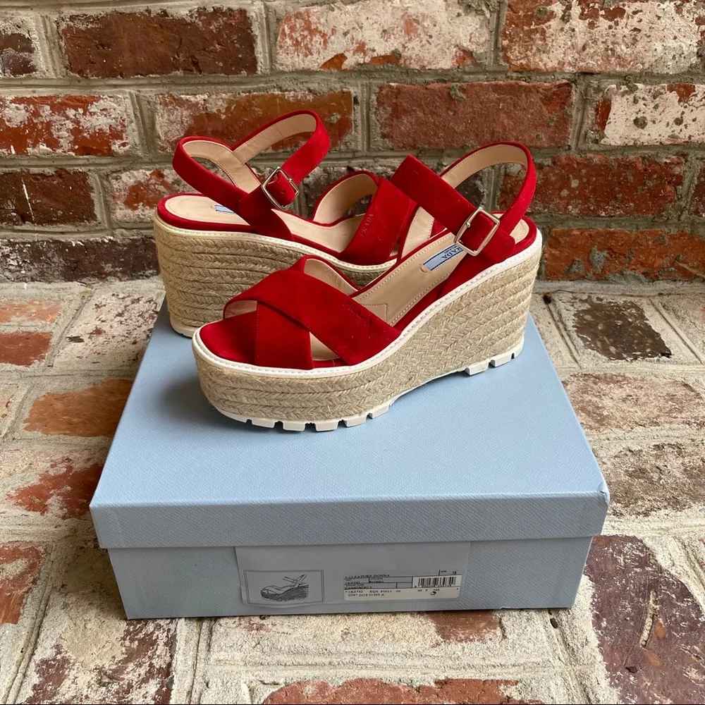 Prada Red Suede Espadrille Platform Sandals - Picture 3 of 11